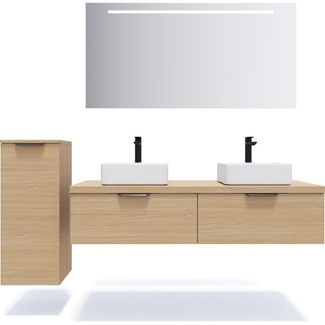 Meuble de salle de bain suspendu 2 vasques à poser 140cm 2 tiroirs Chêne clair + miroir + colonne ouverture gauche - Soho (1/5)