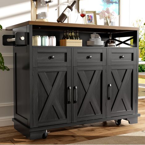 Isla de cocina 118 x 43-80 x 98 cm negra con tapa abatible, amplio almacenamiento y ruedas (1/5)