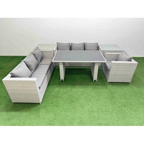 Fimous Patio Garden Furniture Sets with Black Glass Top Dining Table 3 Seater Sofa Armchair 2 Side Tables Light Grey (1/5)