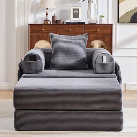 Fauteuil - KOMHTOM - Velours côtelé compressé - Repose-pieds - Cadre métal - Coussin modulable (1/5)
