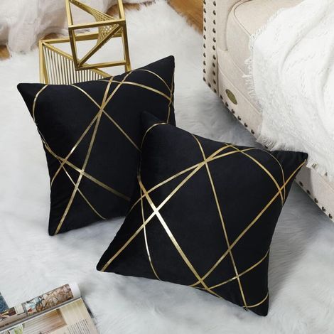 45 x 45 cm Samtkissenbezug, schwarze Dekokissenbezüge mit goldenen Linien und geometrischem Muster, für Wohnzimmer, Schlafzimmer, Bank, Sofa, 2er-Set (1/5)