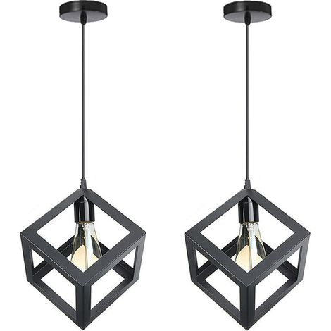 2PCS Suspension Lustre En Forme De Cube Suspension Luminaire Moderne Plafonnier Rétro Vintage Noir
