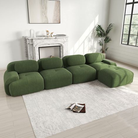 Canapé d’angle modulaire 4 places vert en velours côtelé sans montage avec méridienne (1/5)