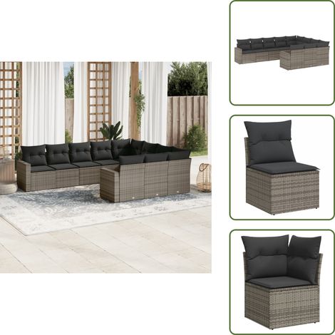 10-tlg. Garten-Sofagarnitur mit Kissen Grau Poly Rattan - Gartensortiment - Gartenmöbelset - Outdoor Möbel - Lounge Set - Rattan Gartenmöbel