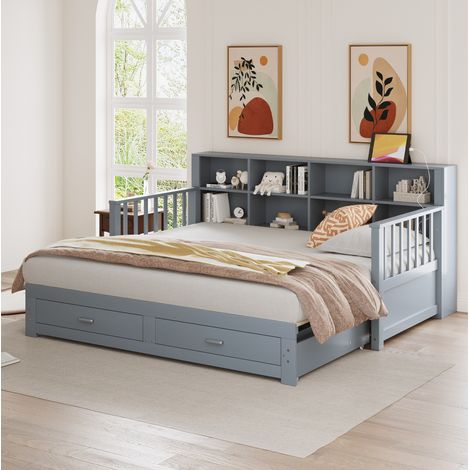 Bett Schlafbett ausziehbar 90x190 Holz Grau OKMYHOME (1/5)