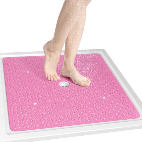 Tapis de douche carré 68,5 x 68,5 cm, en TPE antidérapant avec ventouses et trous d'évacuation, séchage rapide, rose (1/5)