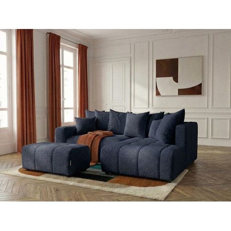 BOBOCHIC - Canapé d'angle L convertible coffre ROXELANE tissu bouclette avec pouf Angle droit  Bleu foncé (1/4)