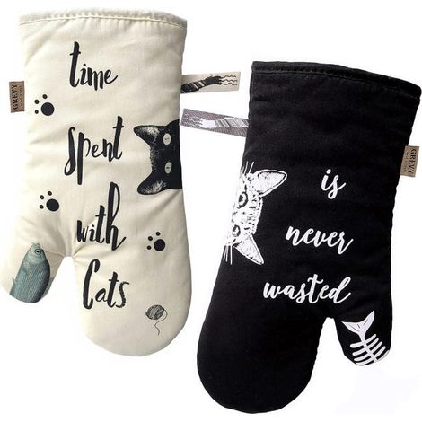 Hitzebeständige Ofenhandschuhe zum Kochen, Grillen, Backen, Elfenbein und Schwarz, Katze und schwarze Katze, Katzenliebhaber