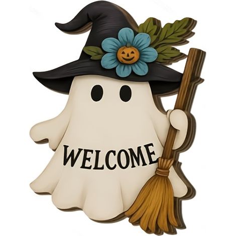 Panneau de porte Halloween – fantôme, chapeau de sorcière, accueil festif, déco murale en bois (1/5)