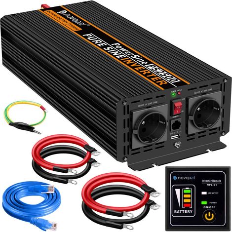 2500W Convertisseur Pur Sinus 12V 220V Onduleur Transformateur 5M Télécommande,2 EU Prises,1USB,Convient pour Camion, Camping, Voyage,Voitures,Puissance de Pointe 5000W (1/5)
