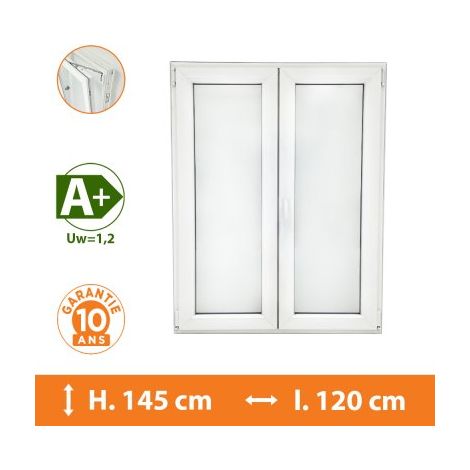 Direct Fenêtres – Fenêtre PVC 2 vantaux blanc H.145 x l.120 cm – Double vitrage 4/16/4 – Isolation thermique Uw 1,2 – Ouverture oscillo-battante (1/5)