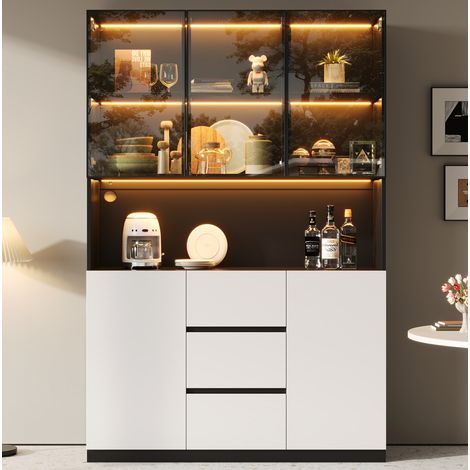 Vetrina LED 120x40x200 cm, con ripiani aperti, tre cassetti, due ante, vetro temperato, MDF nero (1/5)