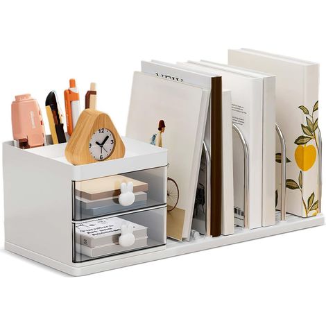 Organisateur de Bureau, Multifonctionnel Boite Rangement Plastique mit 4 Documents, 2 Organisateur Tiroir, Rangement Maquillage Organisateur, Porte Stylo Bureau, pour Fourniture Bureau (Blanc) (1/5)