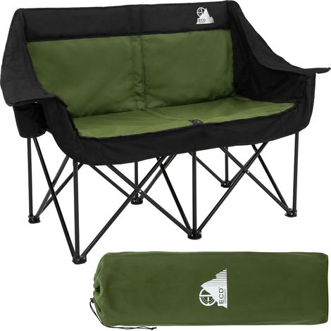 ECD Germany Campingstuhl faltbar für 2 Personen, Campingsofa 2-Sitzer Khaki mit Stahlgestell, Doppel Klappstuhl mit Tasche/Getränkehaltern, Faltsofa gepolstert, Campingcouch für Outdoor Camping Angeln