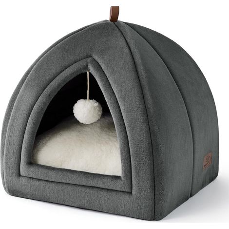 Maison pour chat en forme de dôme en flanelle, avec auvent, pliable et livrée avec un tapis amovible et lavable. (1/5)
