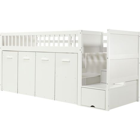 Lit superposé multifonction pour enfants avec protection antichute et barrières, avec bureau/armoire/casiers, 2 casiers dans l’escalier, pin+MDF, blanc, 90x200cm (1/5)