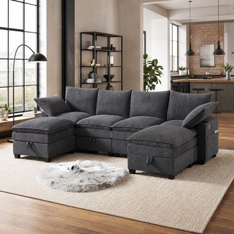 Canapé d'angle modulable 5-6 places en corduroy gris avec USB et rangements HAVRYA (1/5)