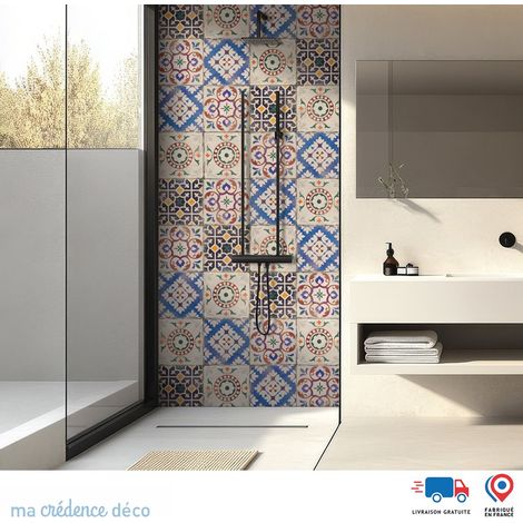 Panneau de douche : Carreaux de ciment classiques 4 - Couleur Bleu Vif - Alu composite - 90 - 245 (1/4)