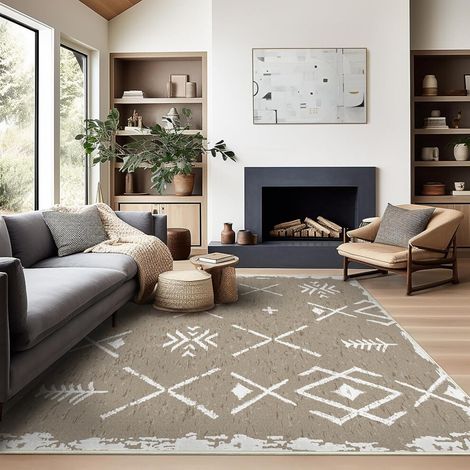 Tapis bohème vintage pour salon, lavable en machine avec envers antidérapant, tapis d'intérieur marron clair, 120 x 180 cm, décoration intérieure