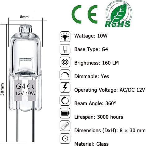 Lot de 50 ampoules halogènes G4 – 160 lumens – Blanc chaud 2800K – Dimmables – Pour éclairage domestique et commercial – Durée de vie 3000h
