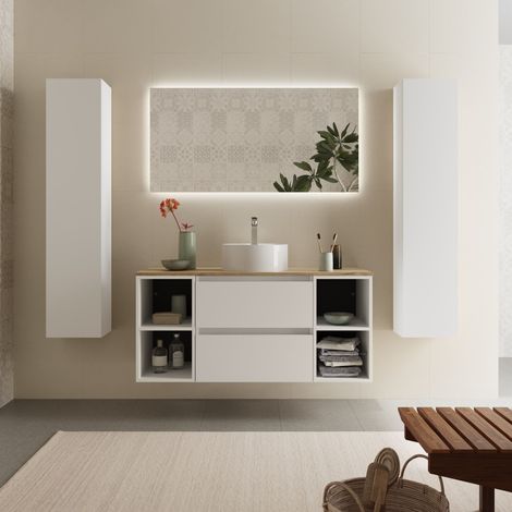 Meuble de salle de bain BEQUIA Plus 120cm Blanc mat Vasque à poser Porcelaine Centrale (1/5)