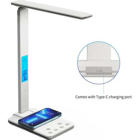 Lámpara de escritorio LED inalámbrica de 10 W con calendario, indicador de temperatura y despertador, protección ocular, adecuada para estudiar, trabajar o la oficina.