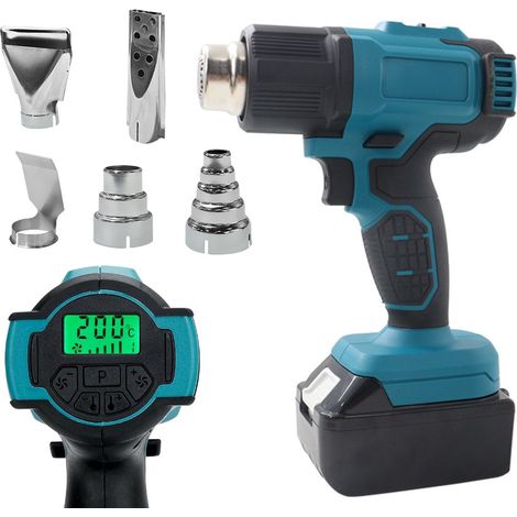 Pistola ad aria calda senza fili da 18 V, 50-550 °C, con display LCD e 4 ugelli in acciaio inox, temperatura e flusso d'aria regolabili, per termoretrazione, fai da te, rimozione di vernice