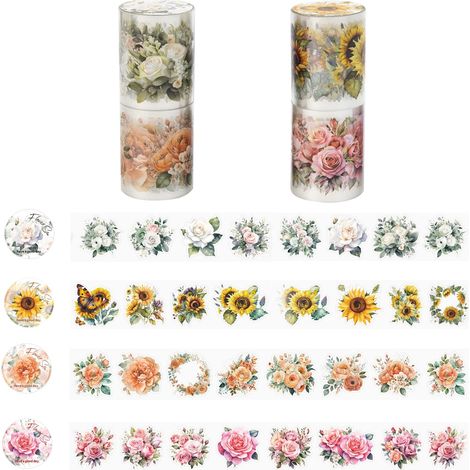 Lot de 4 rouleaux de ruban adhésif décoratif transparent Washi Tape à motifs de fleurs et de plantes. Idéal pour le scrapbooking créatif, les albums, les agendas et les projets DIY. (1/5)