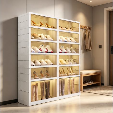 Meuble à chaussures pliable 6 niveaux blanc en PP, compartiment bottes et portes magnétiques (1/5)