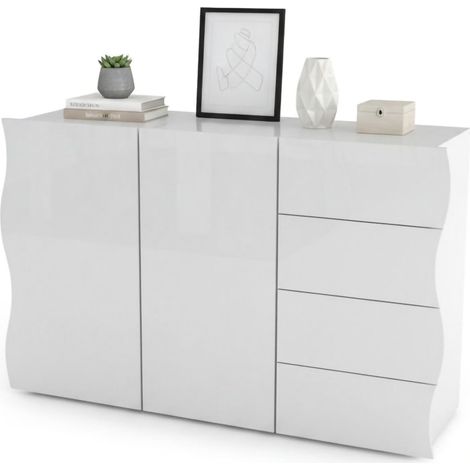 Dmora Aparador ondulado, Aparador de diseño con 2 puertas y 4 cajones, Made in Italy, Mueble para TV, Buffet de salón, 124x40h81 cm, color blanco brillante, con embalaje reforzado