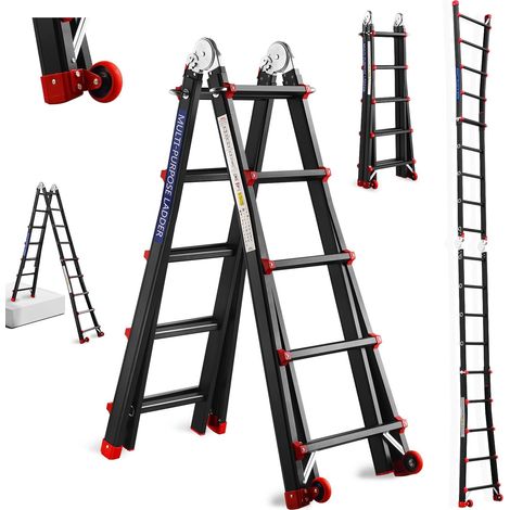 Escalera Telescópica 5.1 M de Aluminio TEENO, Escalera 5x5 Peldaños, Estructura Reforzada con Peldaños Retráctiles, Escalera Plegable con Ruedas Desmontables, Plegable Profesional Multifuncional, Negr