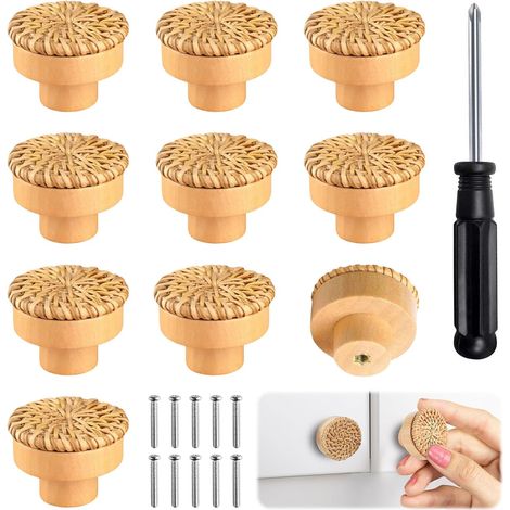 10 Pièces Boutons de Meuble en Rotin con 10 Vis et 1 Tournevis, 4 x 3 cm Bouton de Meuble Bois, Poignée Meuble Bohème Poignée pour Armoires, Tiroirs, Salons, Cuisines (1/5)