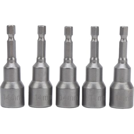 Lot de 5 embouts hexagonaux 14 mm en acier chrome vanadium, à forte aimantation pour vis électriques et tournevis.