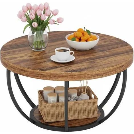 Runder Couchtisch – Durchmesser 80 cm – mit Metallbeinen – Beistelltisch – mit Regalen – Dunkelbraun