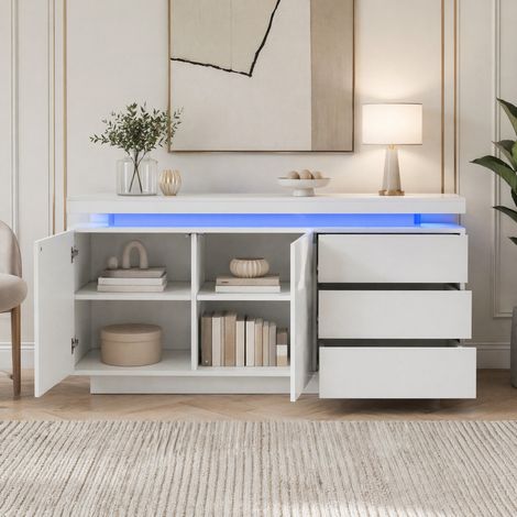 MEUBLIV Credenza 140 x 35 x 72,5 cm bianca – LED RGB, 2 ante e 3 cassetti (1/5)