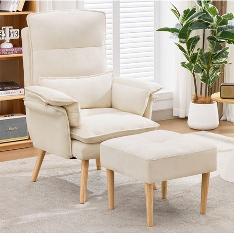 Relaxsessel 85 x 78,5 x 112 cm in Beige mit Hocker, 5-fach verstellbarem Rückenlehne und Holzbeinen,85x78.5x112 cm (1/5)