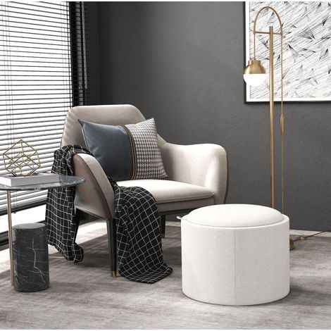 Pouf rond 56 x 42 cm ivoire – coffre de rangement, plateau relevable, sans montage (1/5)