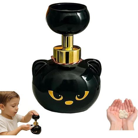 Dispenser di sapone schiumogeno a forma di gatto - Design con impronta di zampa di gatto - Gatto nero con dettagli dorati - 480 ml (Nero) (1/5)