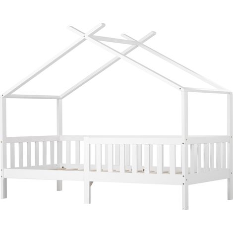 Cama cabaña infantil 90x200 cm de madera de pino blanca con barrera y somier (1/5)