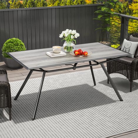 Mesa de Comedor de Exterior con Encimera Imitación Madera para 6 Personas con Estructura de Acero 160x90x73 cm Gris (1/5)