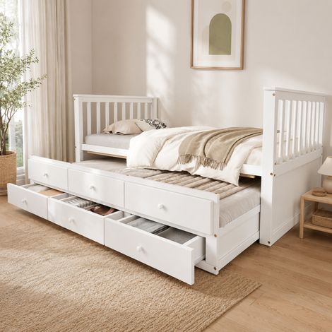 Cama nido 90/200 cm blanca con 3 cajones, en pino y MDF