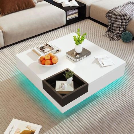 Table basse carrée - GUTENT - LED lumineux - Rangement amovible - Blanc et noir (1/5)