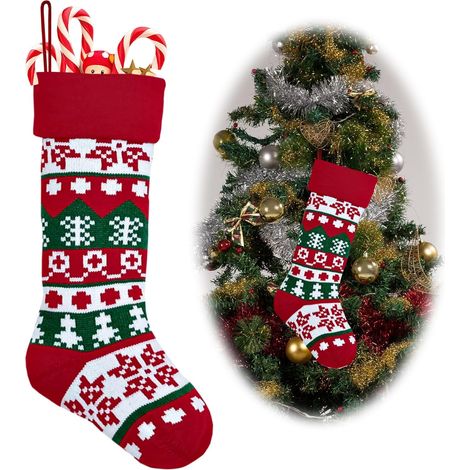 Calcetín navideño gigante con estampado de copos de nieve, bonito calcetín rojo de punto con copos de nieve, para colgar en la chimenea. (1/5)
