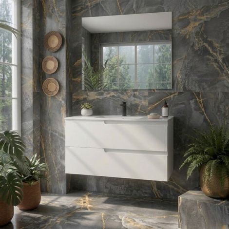 Mobile Bagno Sospeso 100 cm con 2 Cassetti e Lavabo Incluso Bianco Satinato – Gena
