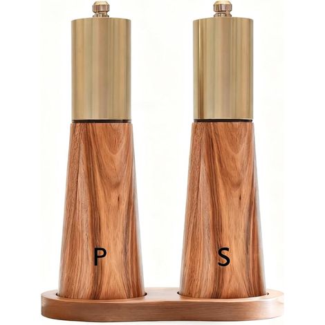 Set de Moulin à sel et à Ppoivre en Bois avec Socle, Moulins Manuels à Réglage de Meule en Céramique Bois d'acacia, pour Poivre, Sels et épices fraîchement Moulus, 18,5 cm (1/5)