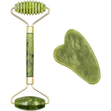(Ensemble B) Kit de massage en jade naturel, rouleau Gua Sha, rouleau de massage pour le corps et le visage (type SPA) (1/5)