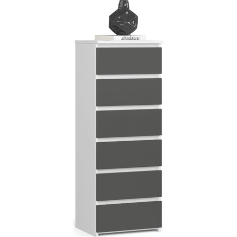 Akord – Commode enfant 6 tiroirs blanche 40 cm – Façade gris graphite – Panneau stratifié – Dimensions 40x35x109 cm