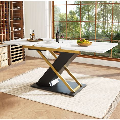 Table extensible de comedor MDF negro efecto mármol y metal 120-160x80x75,4 cm para 6-8 personas (1/5)