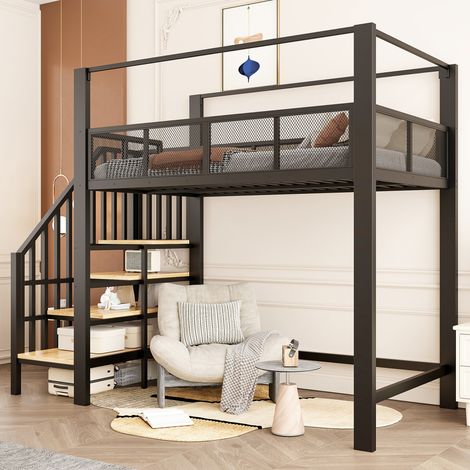 Lit mezzanine noir 90×200 cm en métal une place, baldaquin, escalier de sécurité, plan de travail et rangement intégré chambre (sans Matelas) (1/5)