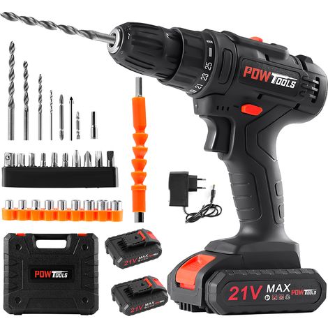Perceuse visseuse sans fil POWTOOLS - 21V - 2 batteries Lithium + 28 accessoires + Chargeur (1/5)